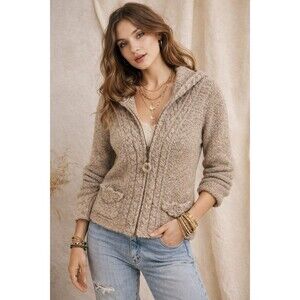 Antropology Sleeping On Snow Wool Cable Knit Cardigan Boho Chunky Sweater S
